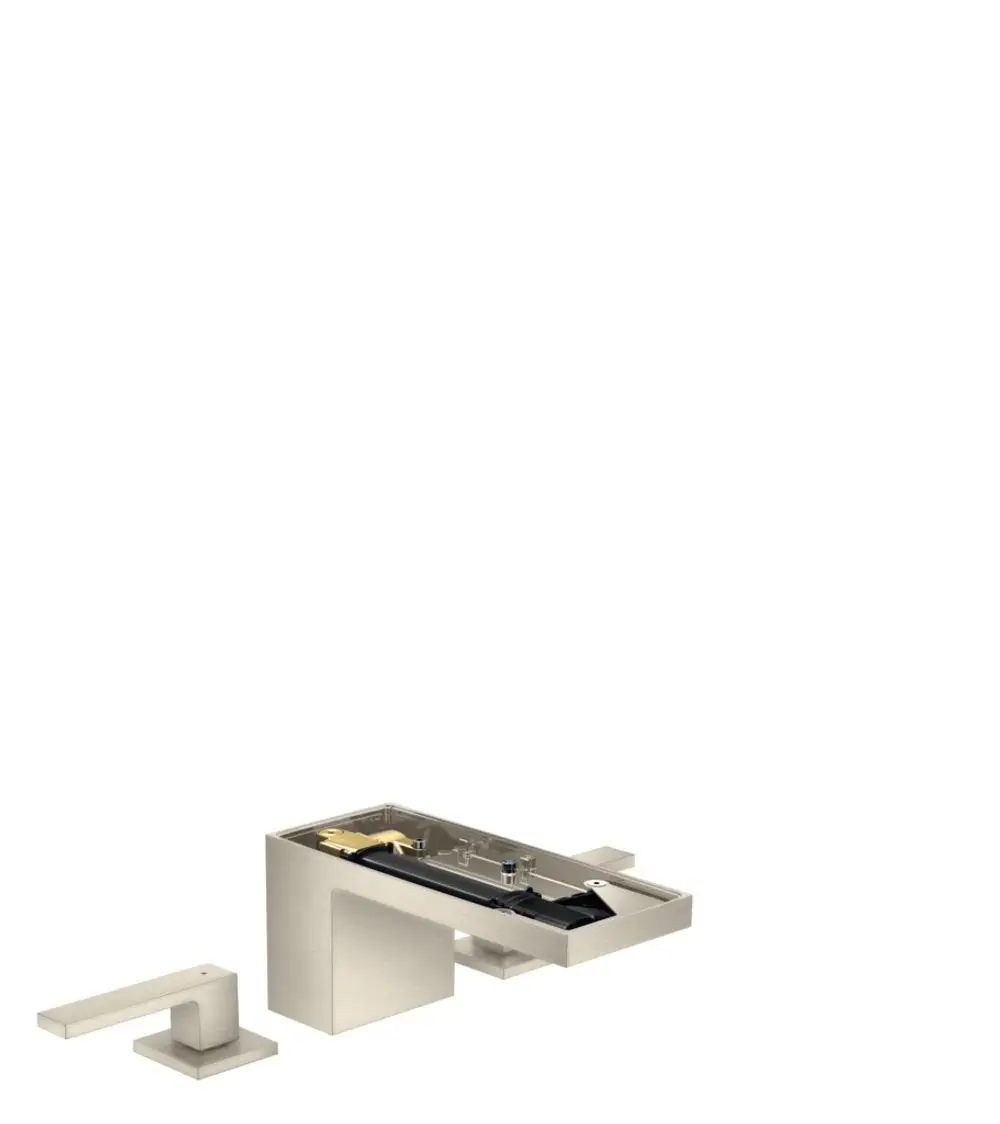 Waschtischarmatur von AXOR in gebürstetem Nickel, bestehend aus einer zentralen Einheit und einem separaten Hebel, ohne Montageplatte. Design mit klaren Linien und funktionalem Ansatz.